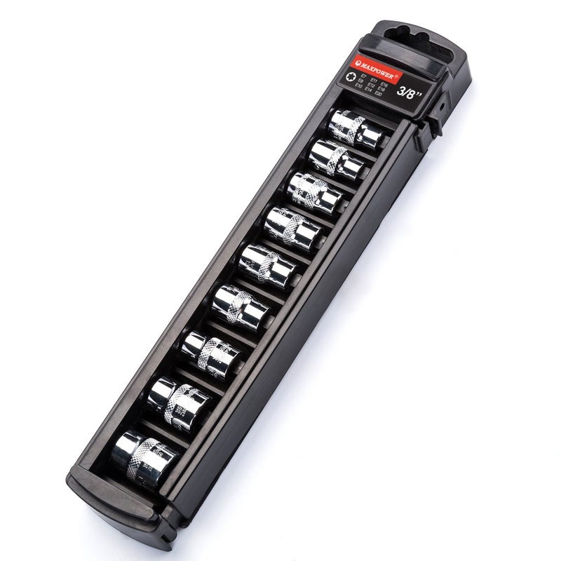 Maxpower مجموعة مفاتيح صمولة إيتوركس ستار 9 قطع بحجم 3/8 إنش من ماكس باور | E7، E8، E10، E11، E12، E14، E16، E18، E20 | فولاذ كروم فانيوم لإصلاح السيارات | تشمل رف التخزين - Image 1